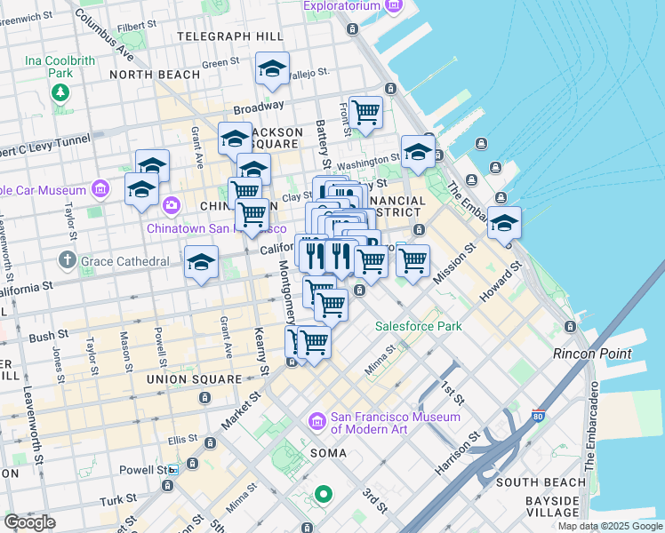 map of restaurants, bars, coffee shops, grocery stores, and more near 235 Pine Street in San Francisco