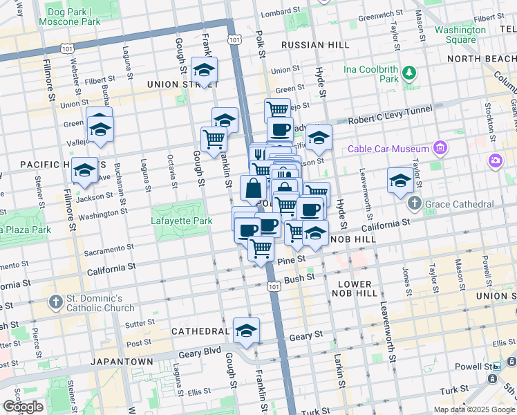 map of restaurants, bars, coffee shops, grocery stores, and more near U.S. 101 in San Francisco
