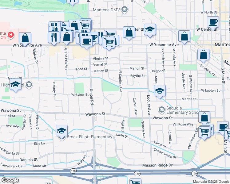 map of restaurants, bars, coffee shops, grocery stores, and more near 1015 Tenaya Court in Manteca