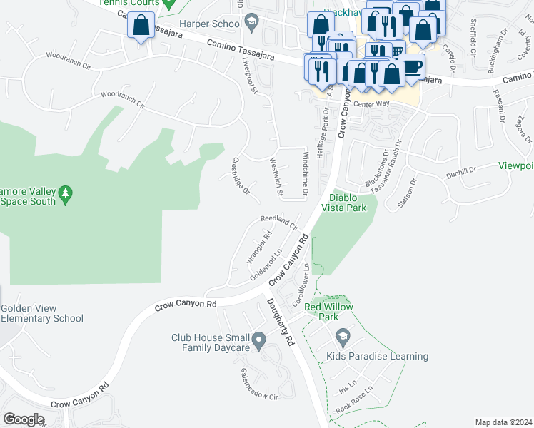 map of restaurants, bars, coffee shops, grocery stores, and more near 4050 Reedland Circle in San Ramon