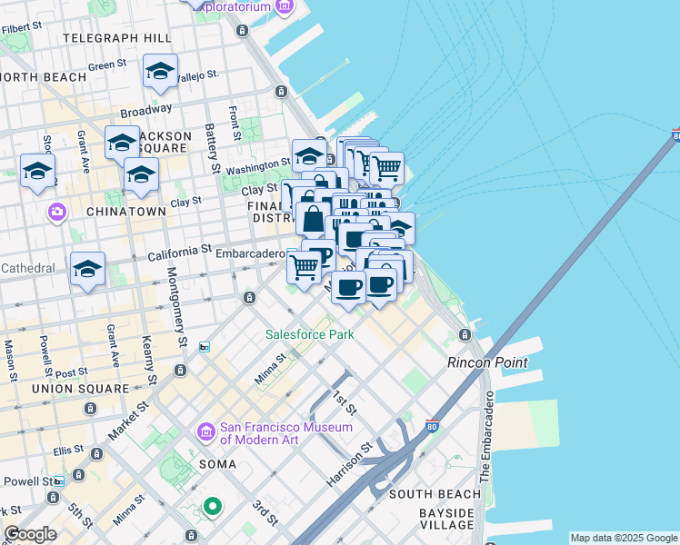 map of restaurants, bars, coffee shops, grocery stores, and more near 160 Mission Street in San Francisco