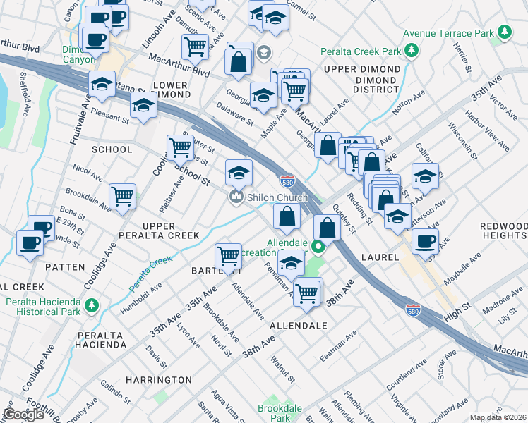 map of restaurants, bars, coffee shops, grocery stores, and more near 3361 Suter Street in Oakland