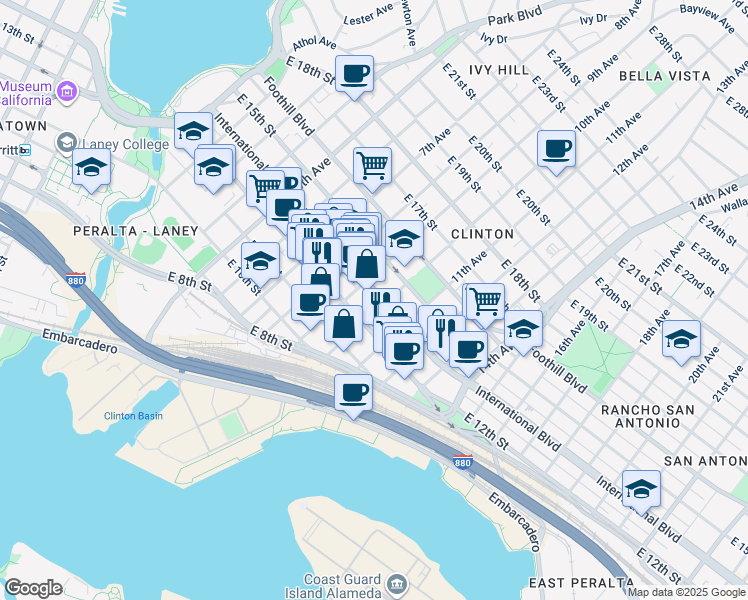 map of restaurants, bars, coffee shops, grocery stores, and more near 928 International Boulevard in Oakland