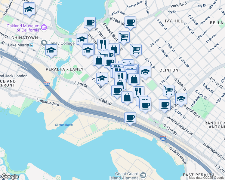 map of restaurants, bars, coffee shops, grocery stores, and more near 745 East 12th Street in Oakland