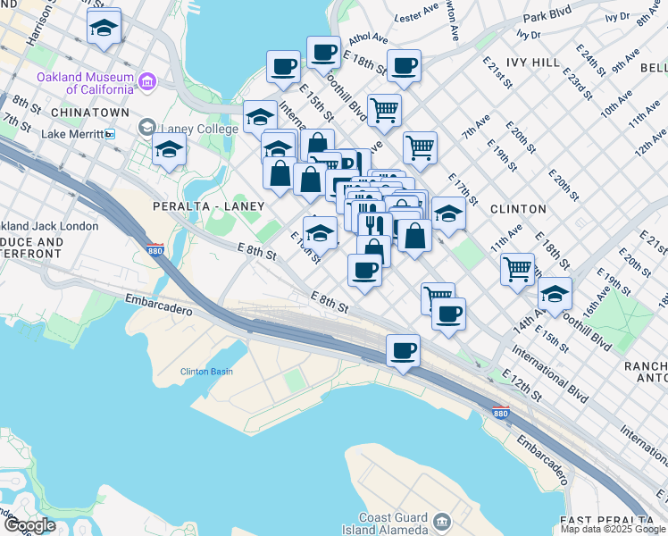 map of restaurants, bars, coffee shops, grocery stores, and more near 1026 7th Avenue in Oakland