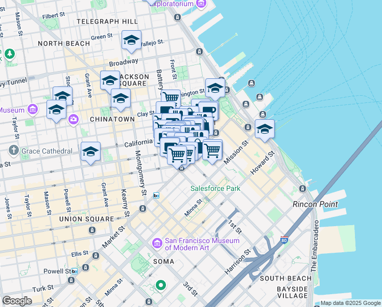 map of restaurants, bars, coffee shops, grocery stores, and more near 62 Pine Street in San Francisco