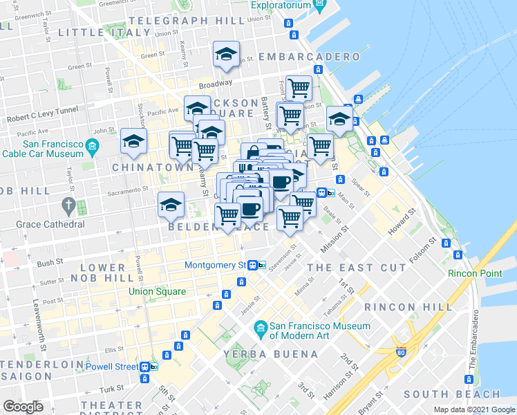 map of restaurants, bars, coffee shops, grocery stores, and more near in San Francisco