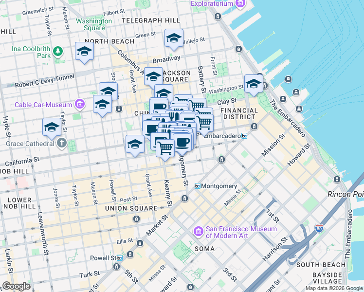 map of restaurants, bars, coffee shops, grocery stores, and more near 250 Montgomery Street in San Francisco