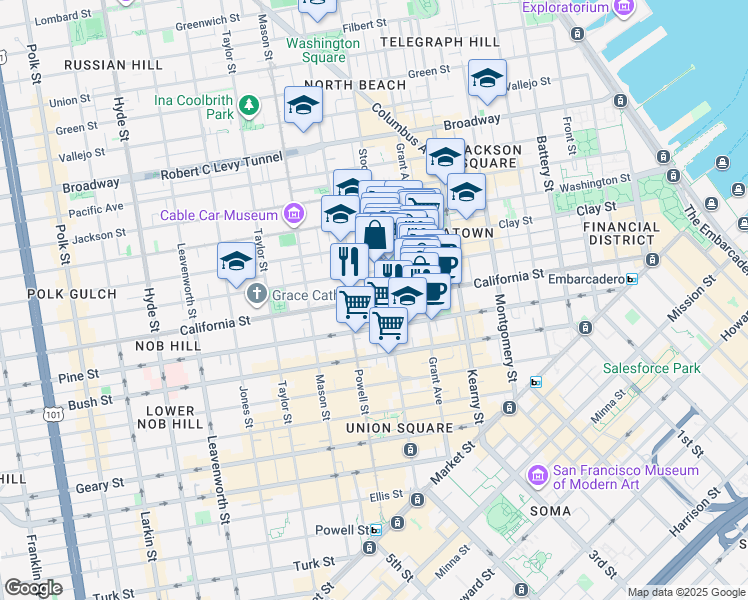 map of restaurants, bars, coffee shops, grocery stores, and more near 790 California Street in San Francisco
