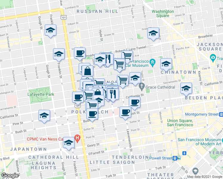 map of restaurants, bars, coffee shops, grocery stores, and more near 1251 Hyde Street in San Francisco