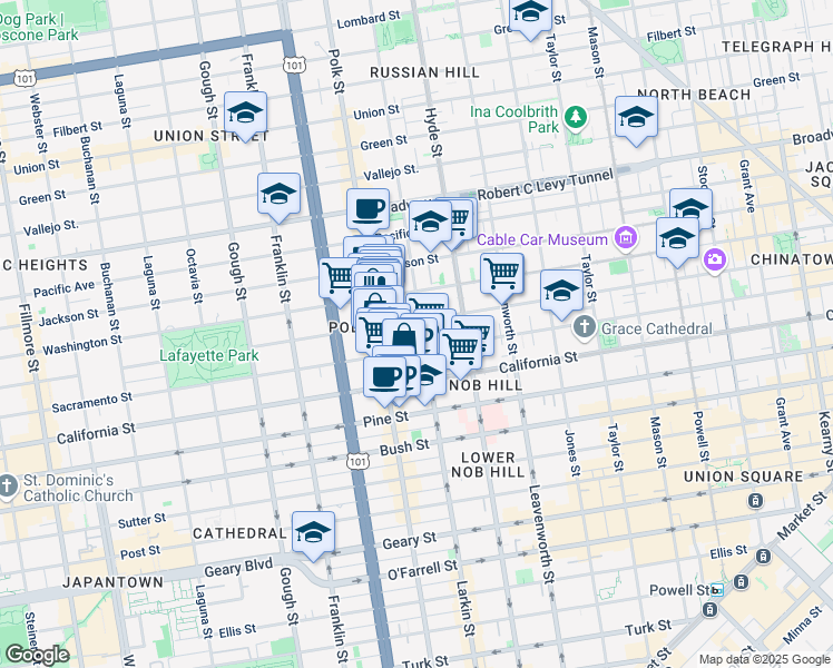 map of restaurants, bars, coffee shops, grocery stores, and more near 1565 Larkin Street in San Francisco
