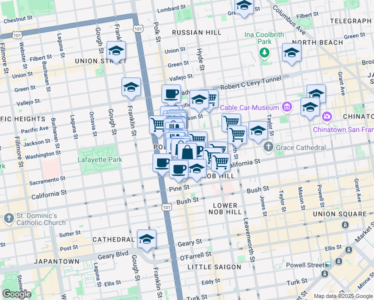 map of restaurants, bars, coffee shops, grocery stores, and more near 1565 Larkin Street in San Francisco