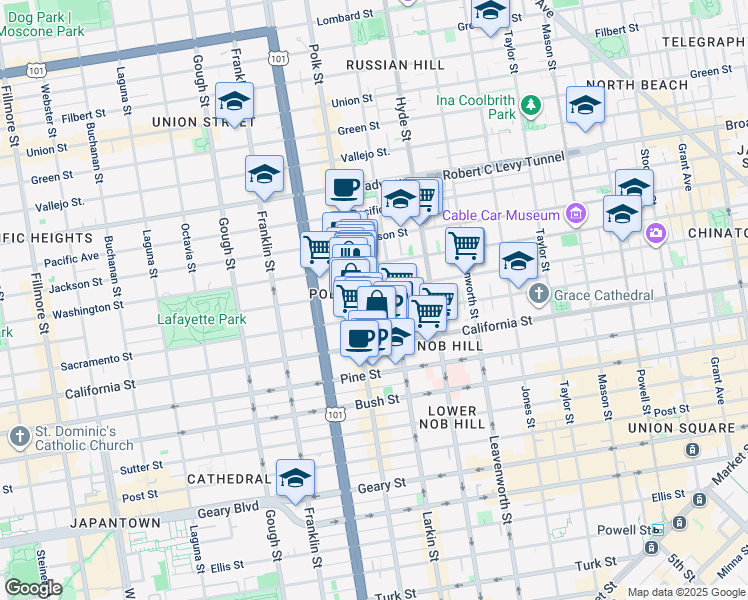 map of restaurants, bars, coffee shops, grocery stores, and more near 1565 Larkin Street in San Francisco