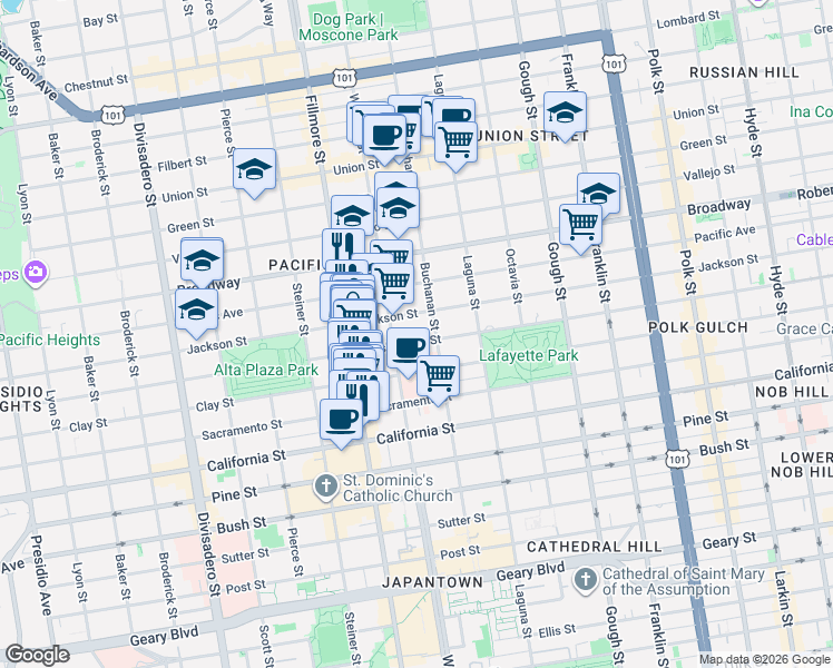 map of restaurants, bars, coffee shops, grocery stores, and more near 2350 Washington Street in San Francisco