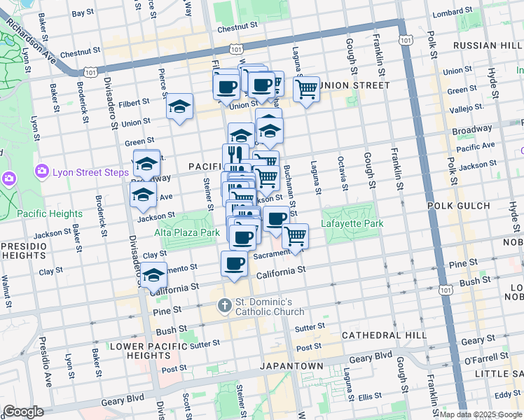 map of restaurants, bars, coffee shops, grocery stores, and more near 2321 Webster Street in San Francisco