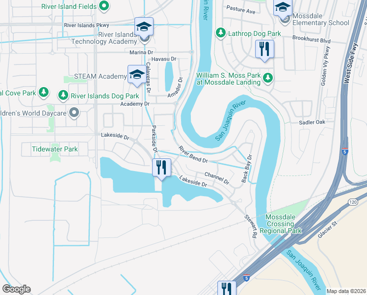 map of restaurants, bars, coffee shops, grocery stores, and more near 906 River Bend Drive in Lathrop