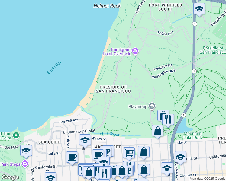 map of restaurants, bars, coffee shops, grocery stores, and more near Lincoln Blvd & Bowley St in San Francisco