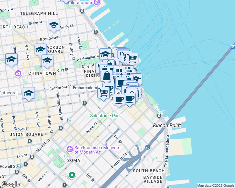 map of restaurants, bars, coffee shops, grocery stores, and more near 128 Mission Street in San Francisco