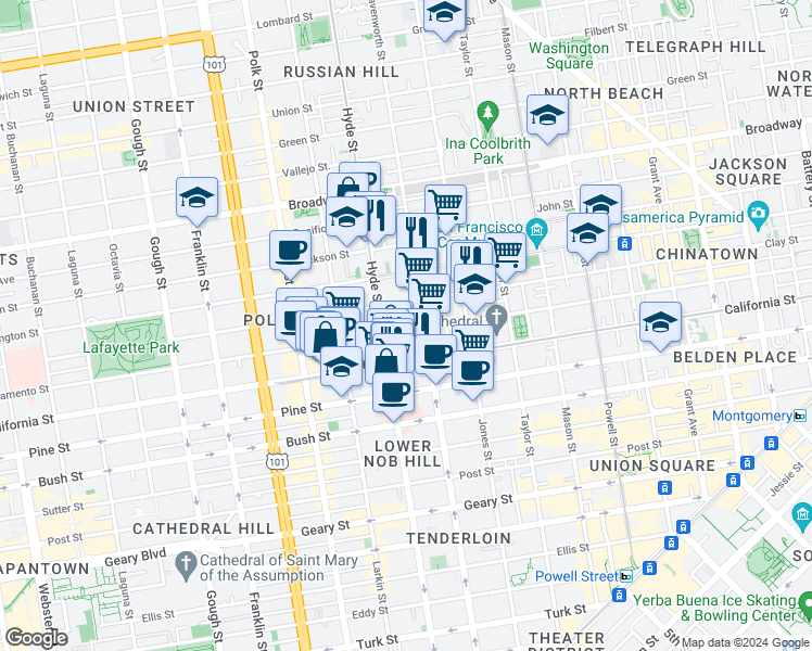 map of restaurants, bars, coffee shops, grocery stores, and more near 1440 Sacramento Street in San Francisco
