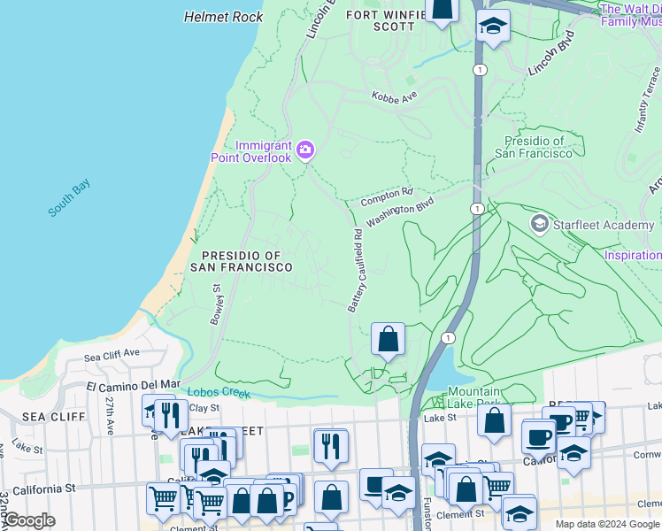 map of restaurants, bars, coffee shops, grocery stores, and more near 1536 Pershing Drive in San Francisco
