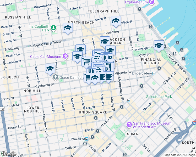 map of restaurants, bars, coffee shops, grocery stores, and more near 700 California Street in San Francisco