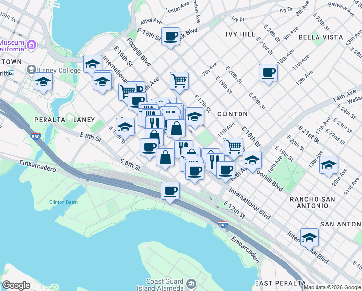 map of restaurants, bars, coffee shops, grocery stores, and more near 928 International Boulevard in Oakland