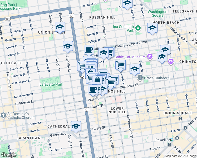 map of restaurants, bars, coffee shops, grocery stores, and more near 1565 Larkin Street in San Francisco