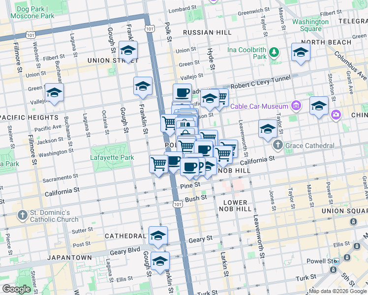 map of restaurants, bars, coffee shops, grocery stores, and more near 1695 Polk Street in San Francisco
