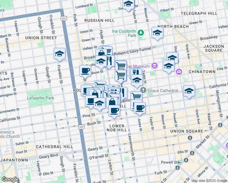 map of restaurants, bars, coffee shops, grocery stores, and more near 1474 Sacramento Street in San Francisco