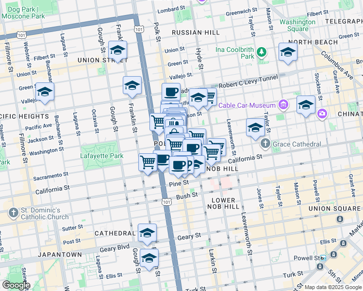 map of restaurants, bars, coffee shops, grocery stores, and more near 1675 Clay Street in San Francisco