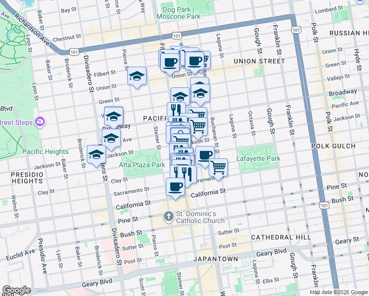 map of restaurants, bars, coffee shops, grocery stores, and more near 2380 Jackson Street in San Francisco