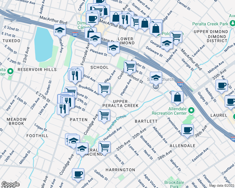 map of restaurants, bars, coffee shops, grocery stores, and more near 3130 Nicol Avenue in Oakland
