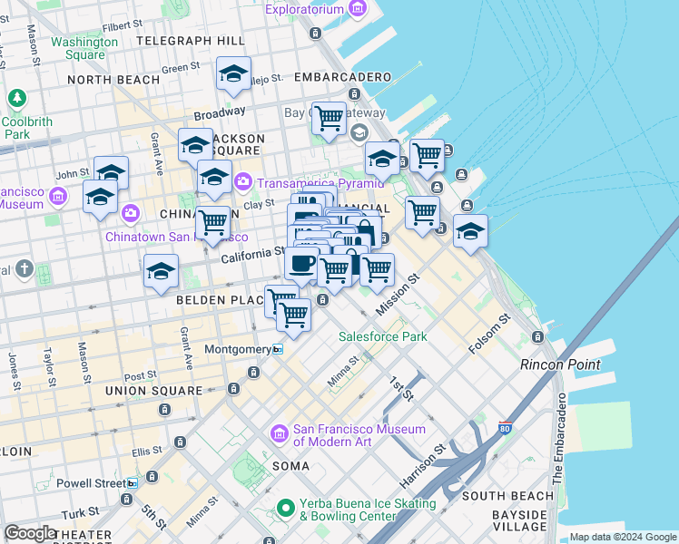 map of restaurants, bars, coffee shops, grocery stores, and more near 388 Market Street in San Francisco
