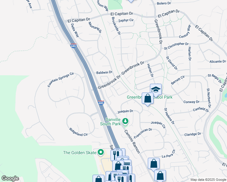 map of restaurants, bars, coffee shops, grocery stores, and more near 1536 Mission Drive in Danville
