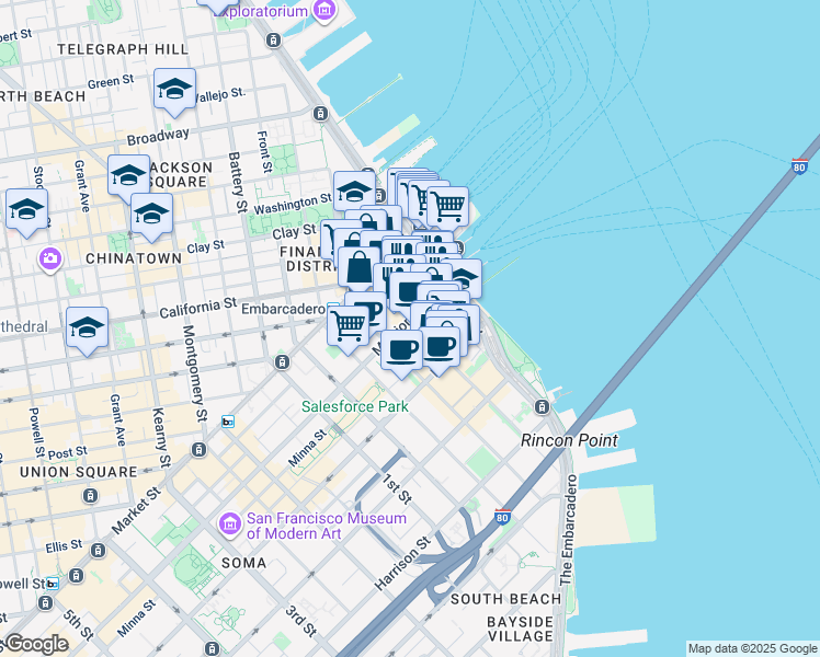map of restaurants, bars, coffee shops, grocery stores, and more near 91 Spear Street in San Francisco