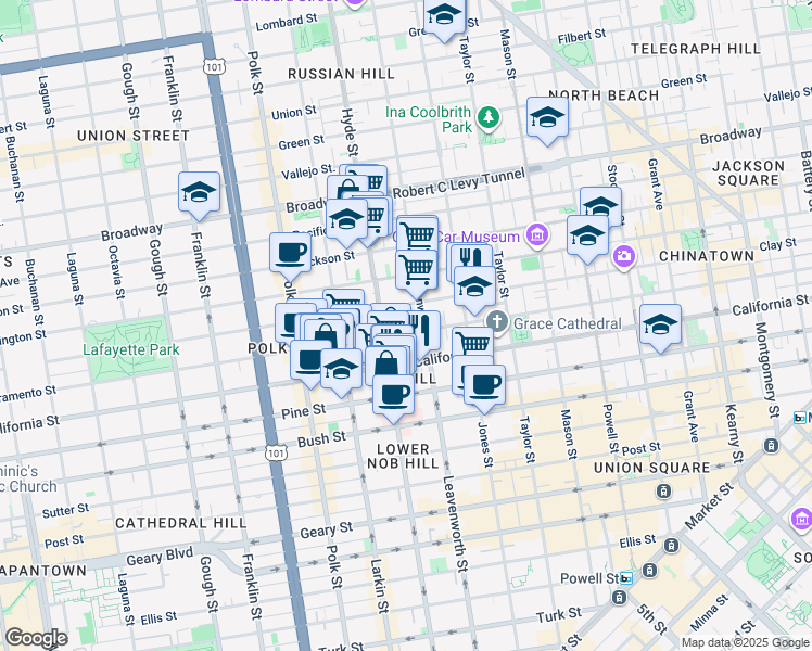 map of restaurants, bars, coffee shops, grocery stores, and more near 115 Kimball Place in San Francisco
