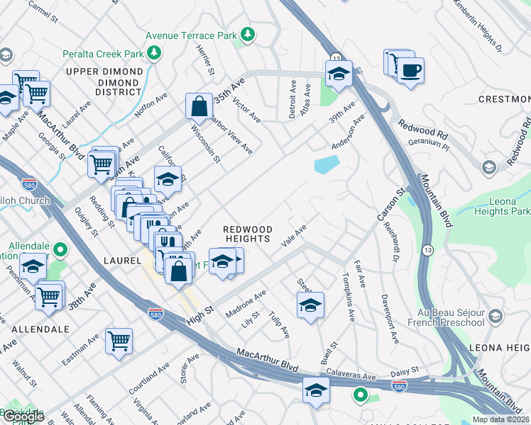 map of restaurants, bars, coffee shops, grocery stores, and more near 4021 Maybelle Avenue in Oakland
