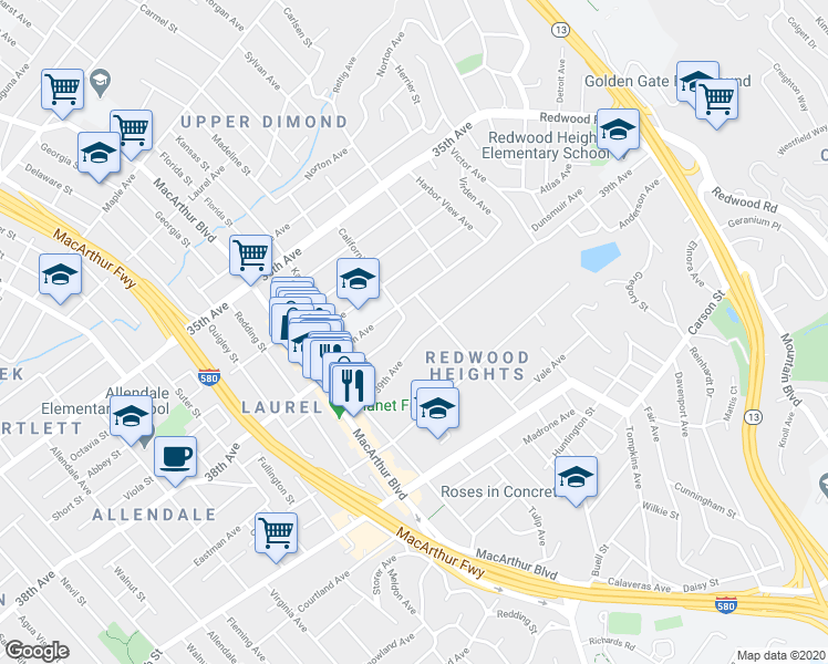 map of restaurants, bars, coffee shops, grocery stores, and more near 3826 38th Avenue in Oakland