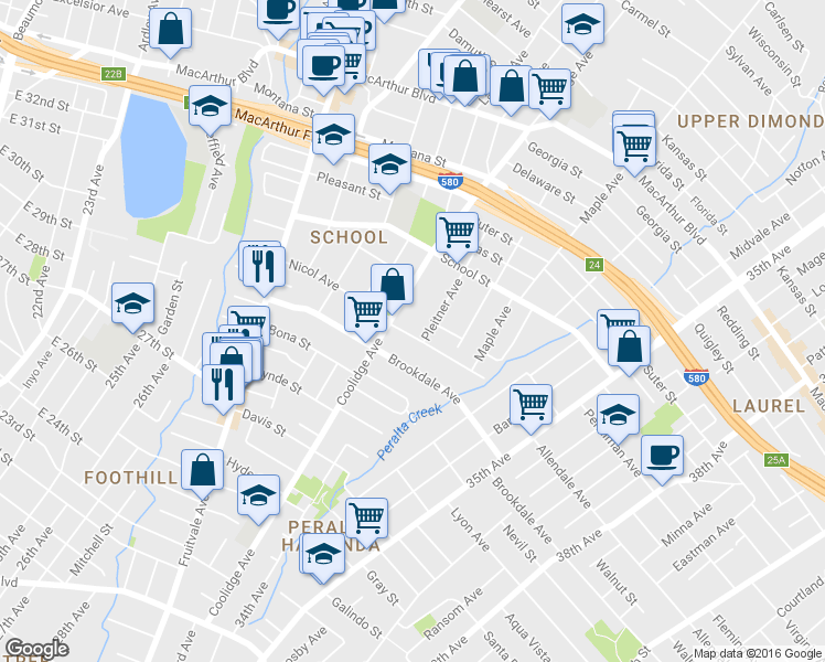 map of restaurants, bars, coffee shops, grocery stores, and more near 3100 Coolidge Avenue in Oakland