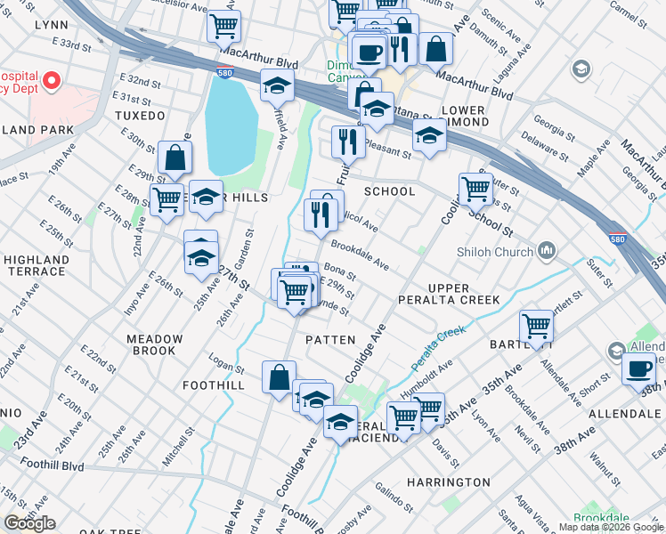 map of restaurants, bars, coffee shops, grocery stores, and more near 2930 Bona Street in Oakland