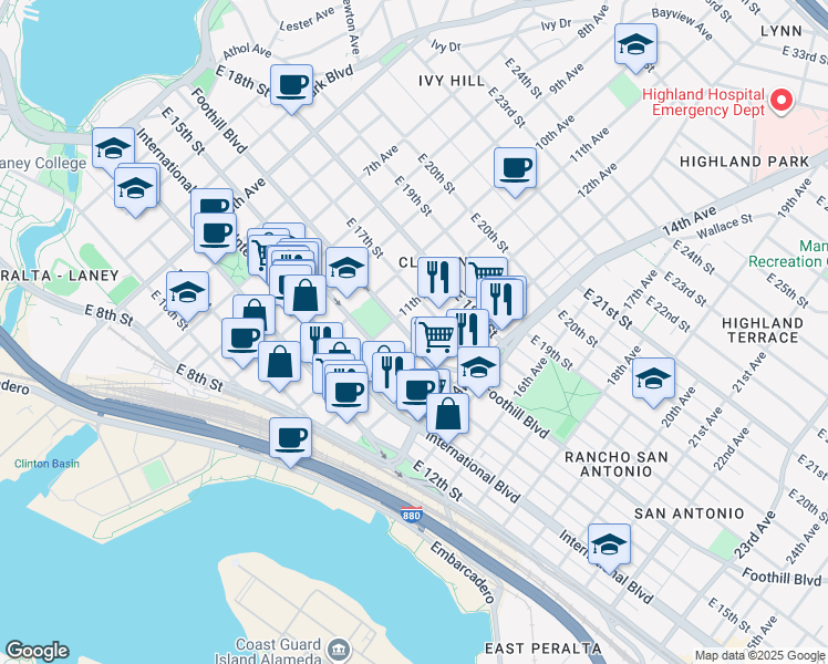 map of restaurants, bars, coffee shops, grocery stores, and more near 1101 Foothill Boulevard in Oakland