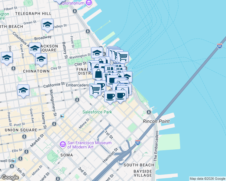 map of restaurants, bars, coffee shops, grocery stores, and more near 91 Spear Street in San Francisco