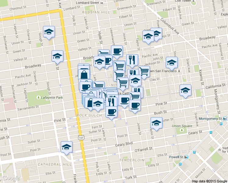 map of restaurants, bars, coffee shops, grocery stores, and more near in San Francisco