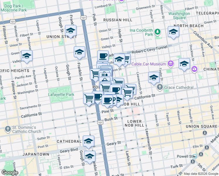 map of restaurants, bars, coffee shops, grocery stores, and more near in San Francisco