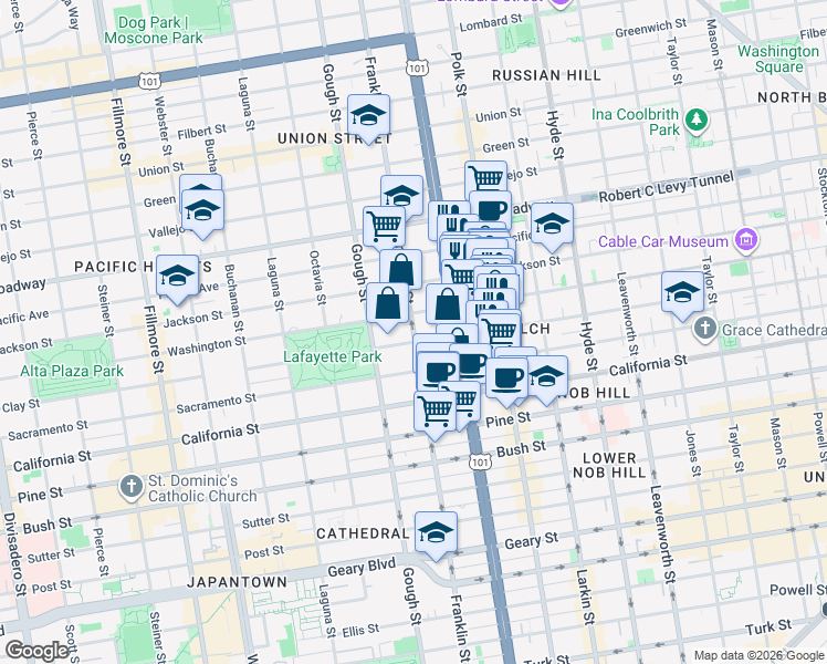 map of restaurants, bars, coffee shops, grocery stores, and more near in San Francisco