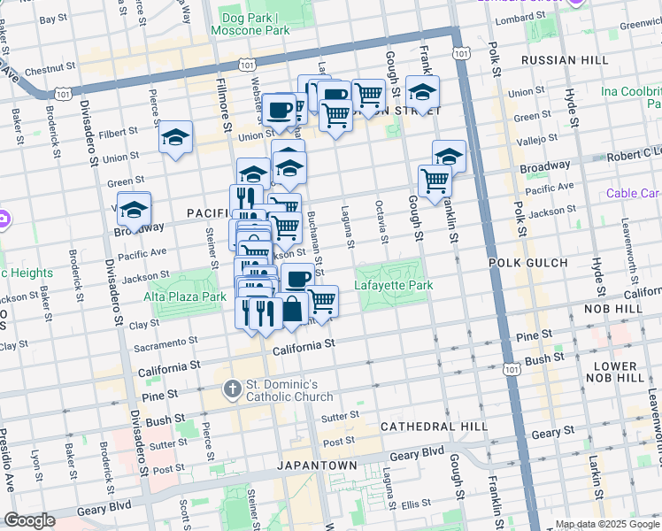 map of restaurants, bars, coffee shops, grocery stores, and more near 2224 Washington Street in San Francisco
