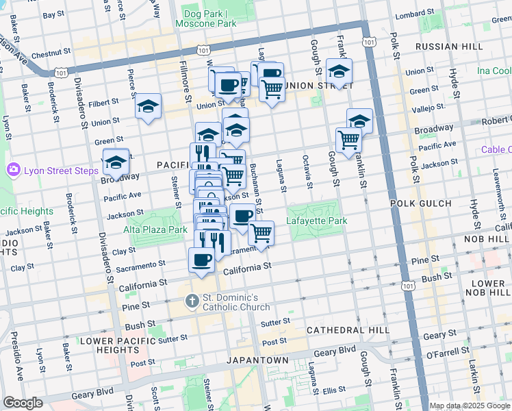 map of restaurants, bars, coffee shops, grocery stores, and more near 2439 Buchanan Street in San Francisco