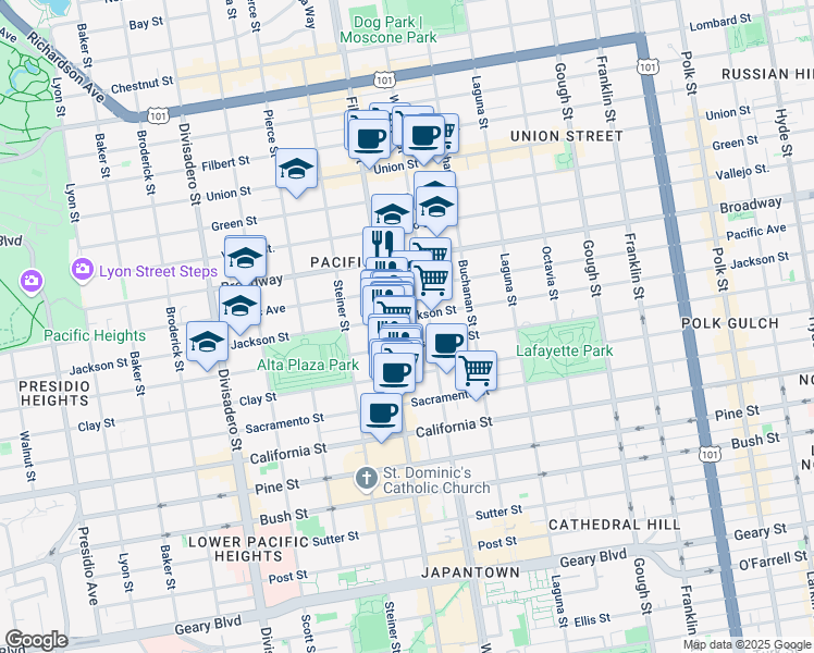map of restaurants, bars, coffee shops, grocery stores, and more near 2380 Jackson Street in San Francisco