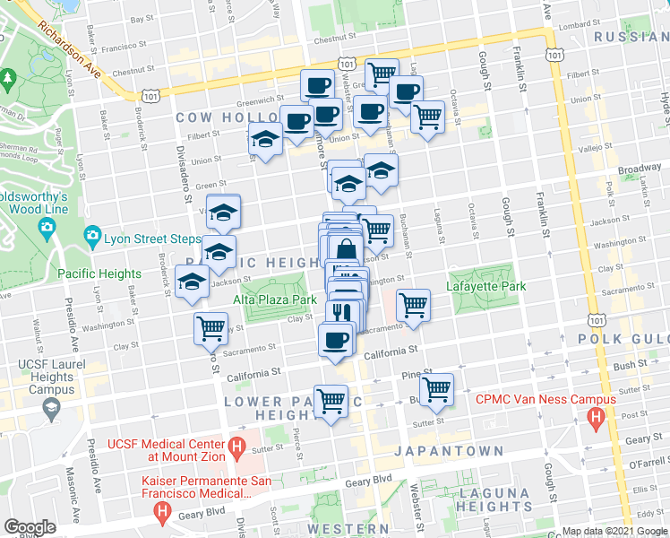 map of restaurants, bars, coffee shops, grocery stores, and more near 2380 Jackson Street in San Francisco