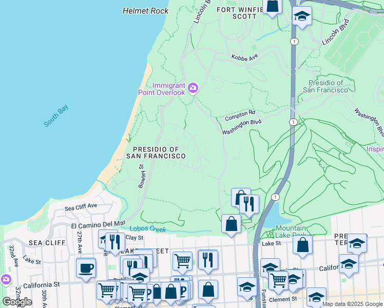 map of restaurants, bars, coffee shops, grocery stores, and more near 1555 Murray Lane in San Francisco